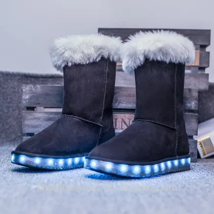 Factory LED Light Up Boots With Fur For Women Children Fashion Winter Snow Boots Suede Shoes L