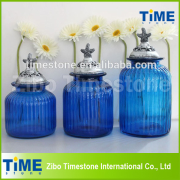 Set of 3 Blue Color Glass Food Strage Jar