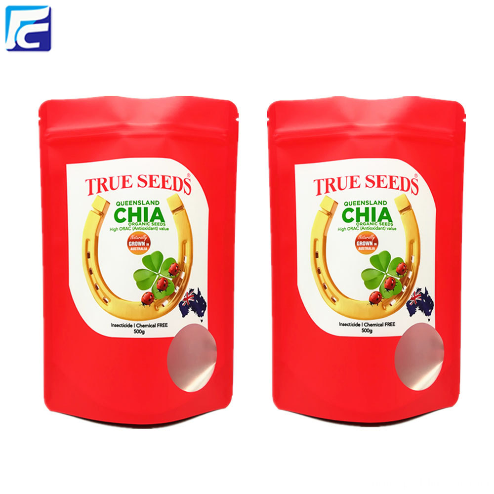 Standup foil chia seed packaging pouch with window 