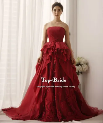 S1372 Real Designer Wine Red Wedding Dress With Red Lace