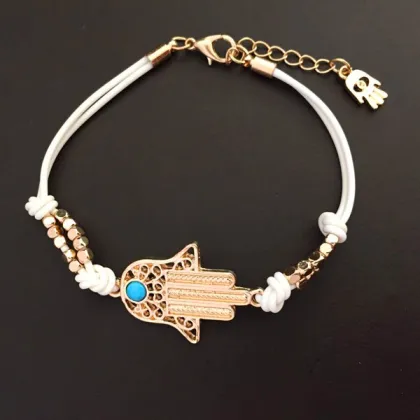 Gold Hamsa Evil Eye Diamond Necklace With Turquoise Beads