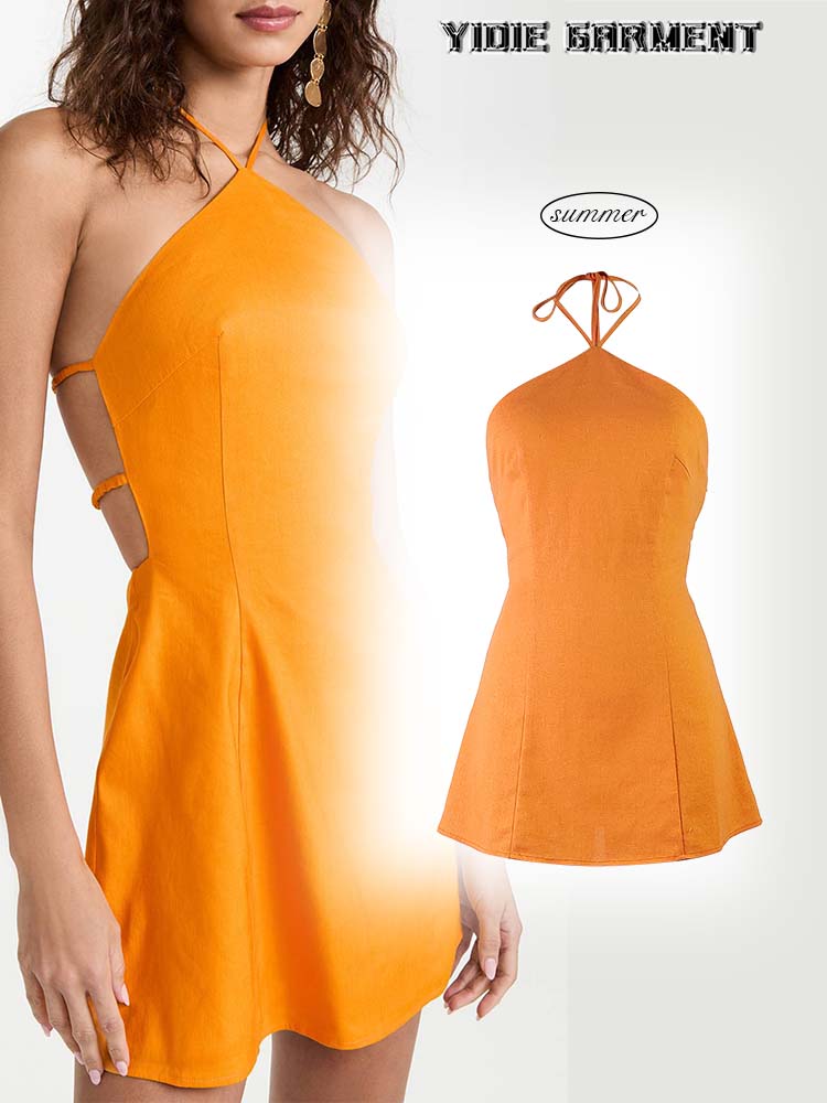 Frauen -Leinenmisch -Sommer -Open -Rücken -Mini -Kleid