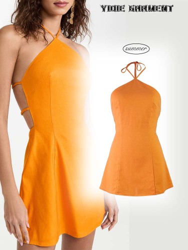 Vestido mini de la mezcla de lino para mujeres.