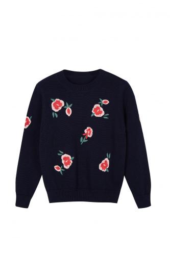 Pullover de tripulação de bordado floral de malha da menina