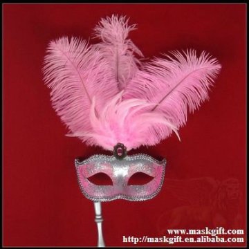 A009S Wholesale pink and silver feathered Carnival party mask with handle