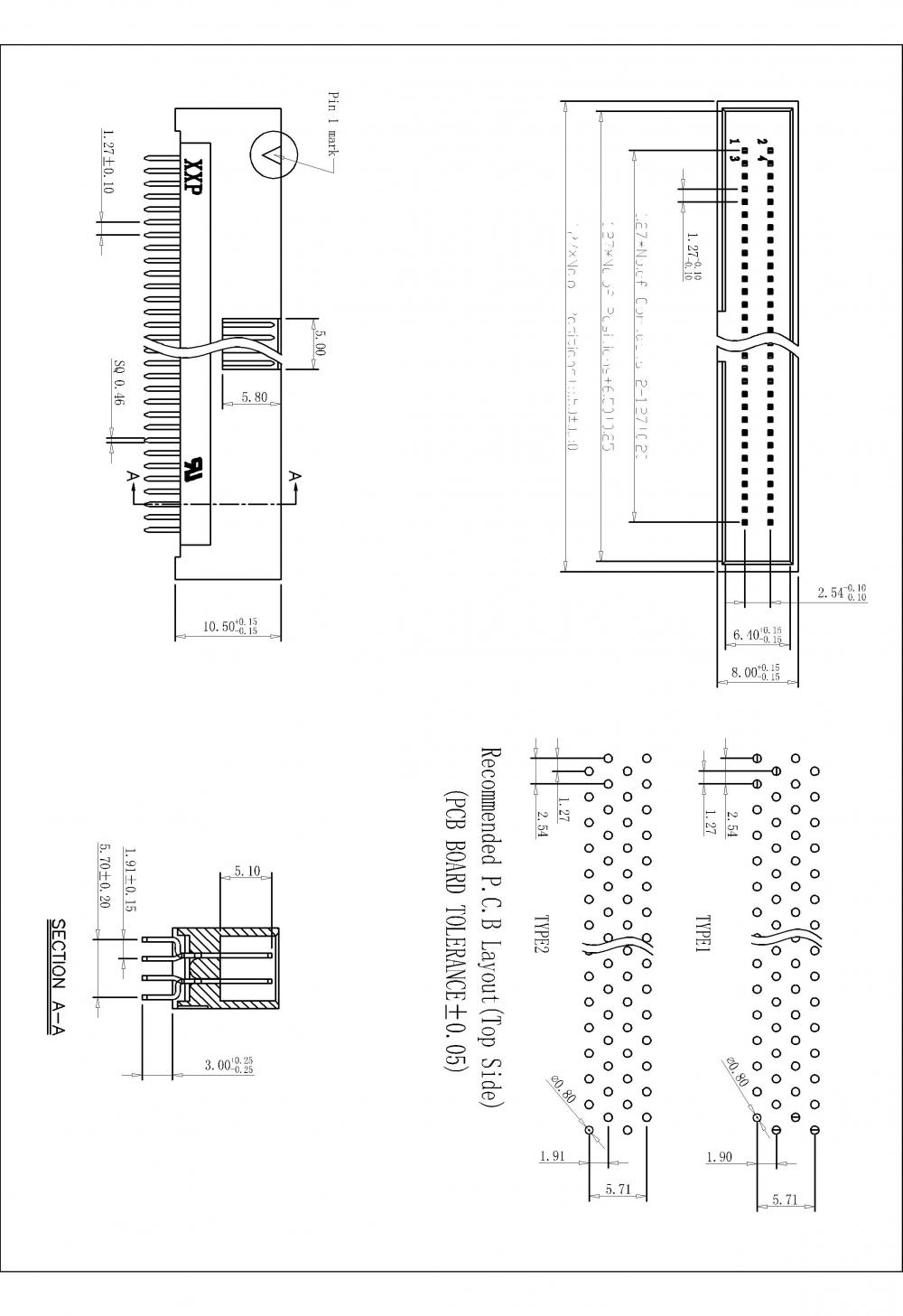 1,27*2,54 мм THT прямой/вертикальный заголовок коробки 180 ° H = 5,90