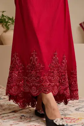 Burgundy Beaded Embroidered Hem Abaya
