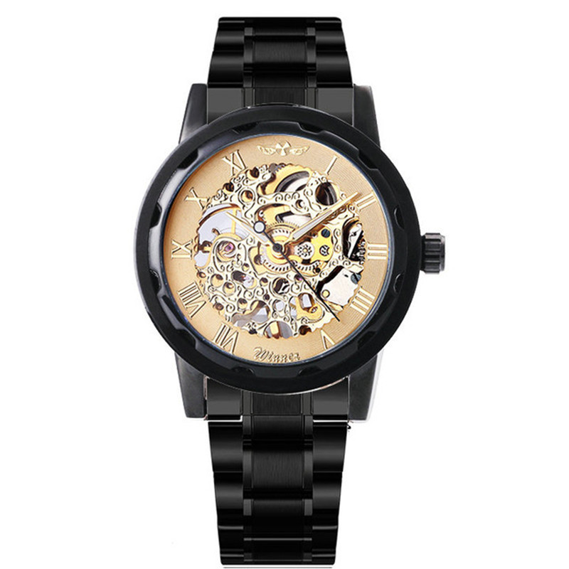 WINNER SLZ04: Stylish Luxury Black Manual Mechanical Watch with Skeleton Design and Stainless Steel Strap for Men