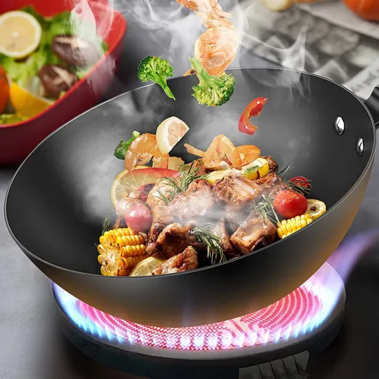 Large Uncoated Fine Cast Iron Flat Base Wok with Chinese Glass Lid