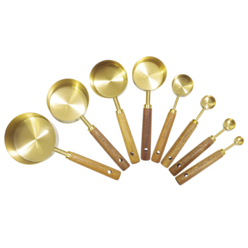 Gold Stainless Steel Measuring Cups and Spoons Set with Wood Handle