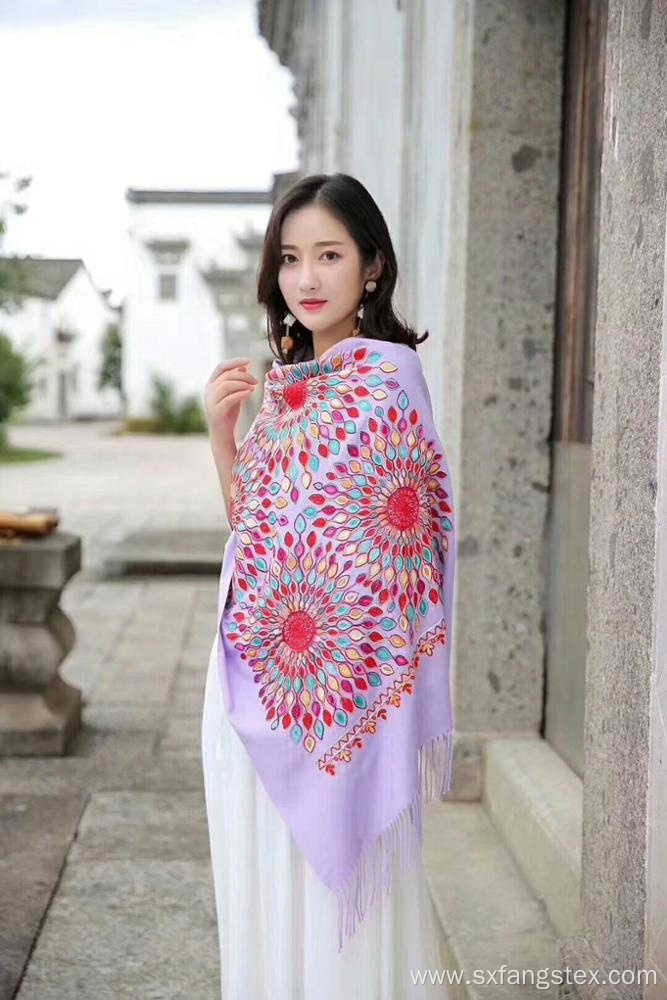 Elegant Muslim Embroidered Women Wool Scarf