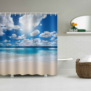 Sea Wave Beach Waterdicht douchegordijn Blauwe oceaan Witte wolken Badkamer Decor Douchegordijn met haken