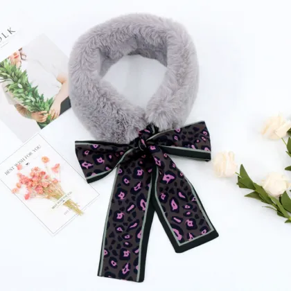 Winter Leopard Printed Streamers Silk Scarf Women Soft Faux Rabbit Fur Collar Scarves Shawls Elegant Fashion Women Scarf