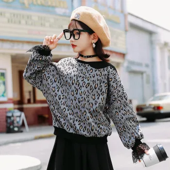 Long sleeve lace stitching round neck pullover girl leopard print girl clothes 6-12 years