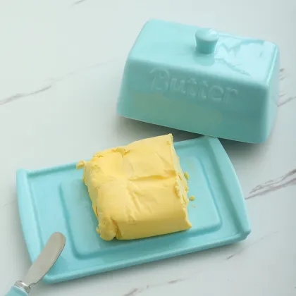 Blue Ceramic Butter Dish with Lid - Porcelain Butter Dish with Cutting Measurements and Knife