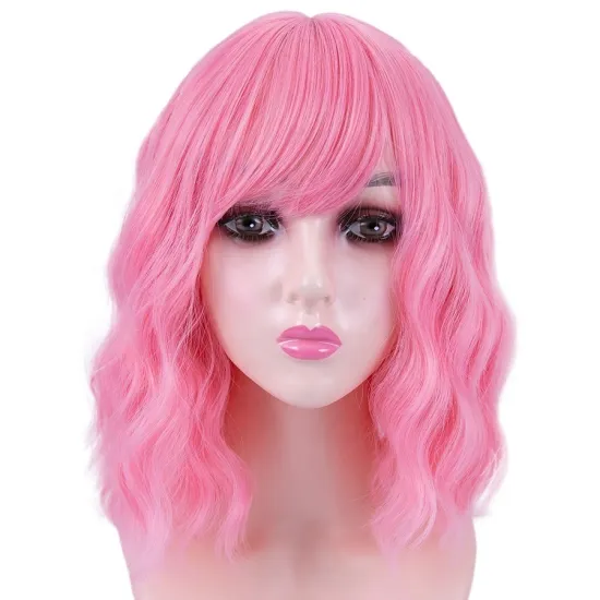 AliLeader Pink 14'' Short Curly Women Girl's Charming Synthetic Wig with Air Bangs