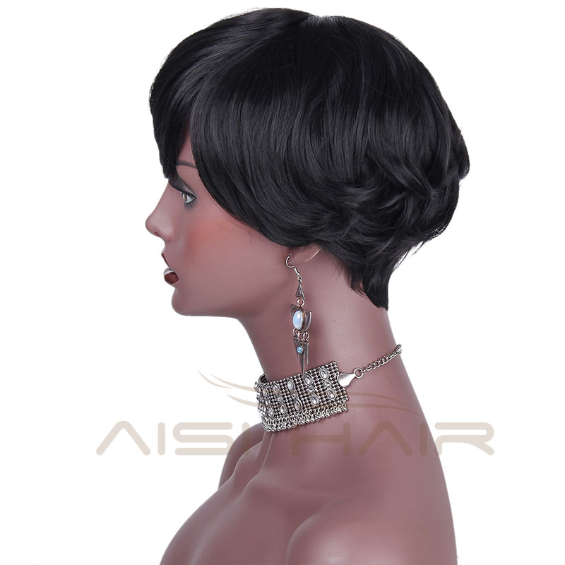 Synthetic Short Wavy Pixie Cut Wig With Bangs Natural Black Color Heat Resistant Fiber Wigs For African American Women