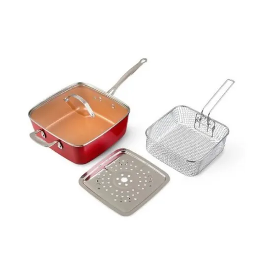 Hot Selling Pressed Aluminum Deep Fry Pan Non Stick Square Multi Pan with Basket