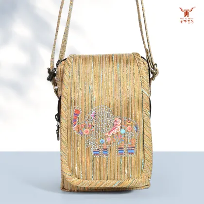 Golden Silk Nylon Flap Crossbody Bag Wealth Symbol Design