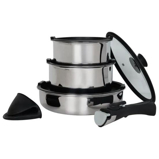 Space-Saving 304 Stainless Steel Nonstick Cookware with Removable Handle - Dishwasher Safe