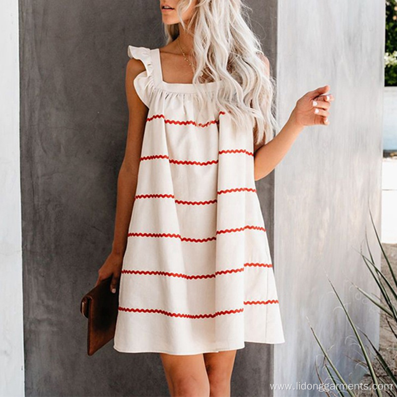 Knee-Length Summer Square Collar Ruffle Shoulder Dress