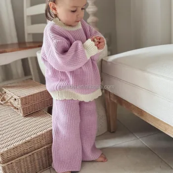 Autumn Children's 2-Piece Sunny Knitwear Set: Chunky Oversize Knit Top & Wide Leg Trousers - Outdoor Cotton Warm Sweater and Pants