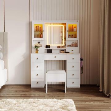 White LED Light Low Price Storage Bedroom Furniture: Dresser & Vanity Table