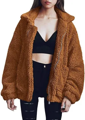 Casual coat lapel wool plush faux wool zipper coat