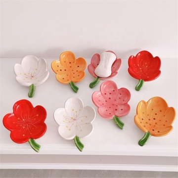 Self-Draining Cute Flower Shape Ceramic Soap Holder for Kitchen and Bathroom