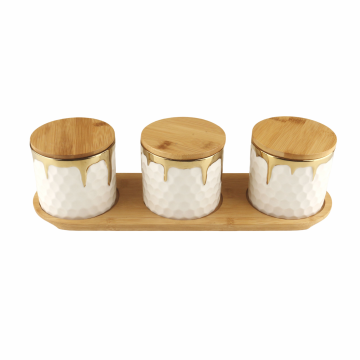 Ceramic Tea and Coffee Storage Canister with Gold Electroplating, Bamboo Lid, and Silicone Ring