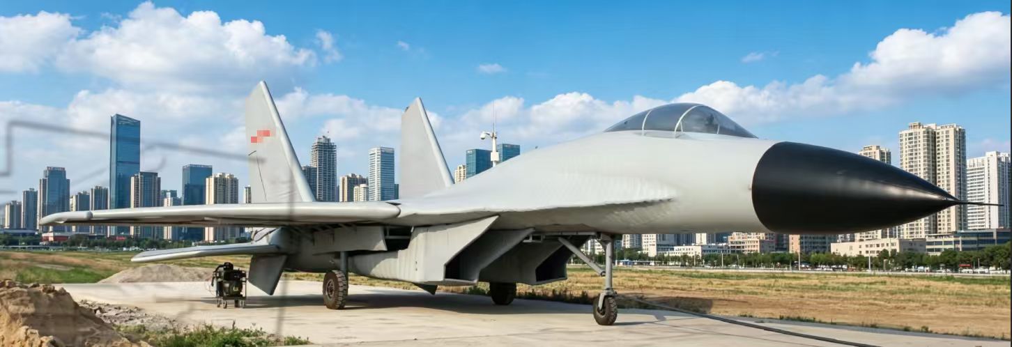 Inflatable fighter jet decoy on a stand in the desert
