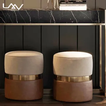 Modern Two-Color Round Ottoman Stool - PU Leather & Fabric Dressing Stool Furniture
