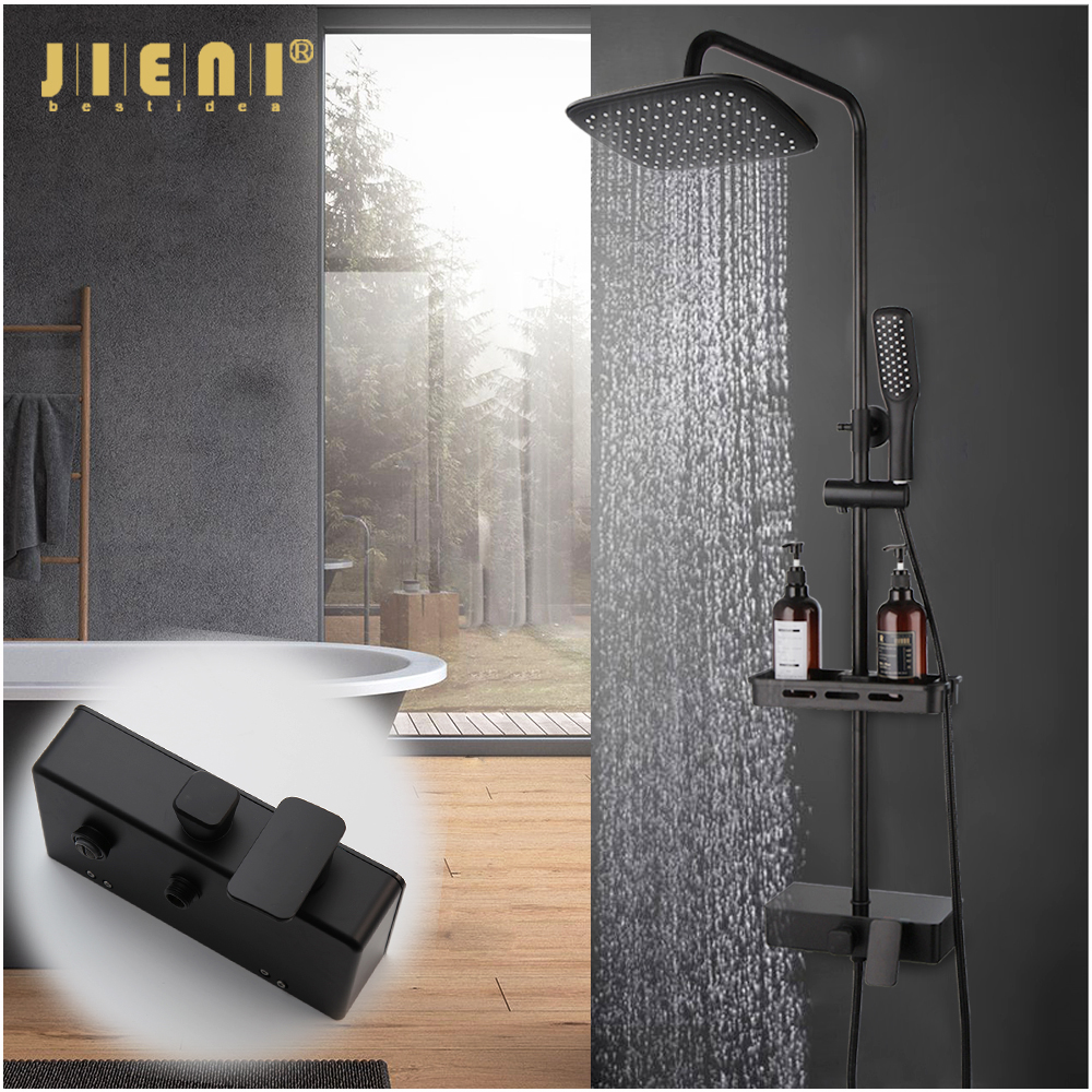 JIENI Matte Black Bathroom Bathtub Shower Faucet Wall Mounted Rainfall 8 Inch Round Shower Head Dual Handles Mixer Shower Set