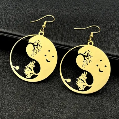 Tai Chi Tree of Life Star Moon Pendant Earrings - Stainless Steel Silver Jewelry Gifts for Men and Women