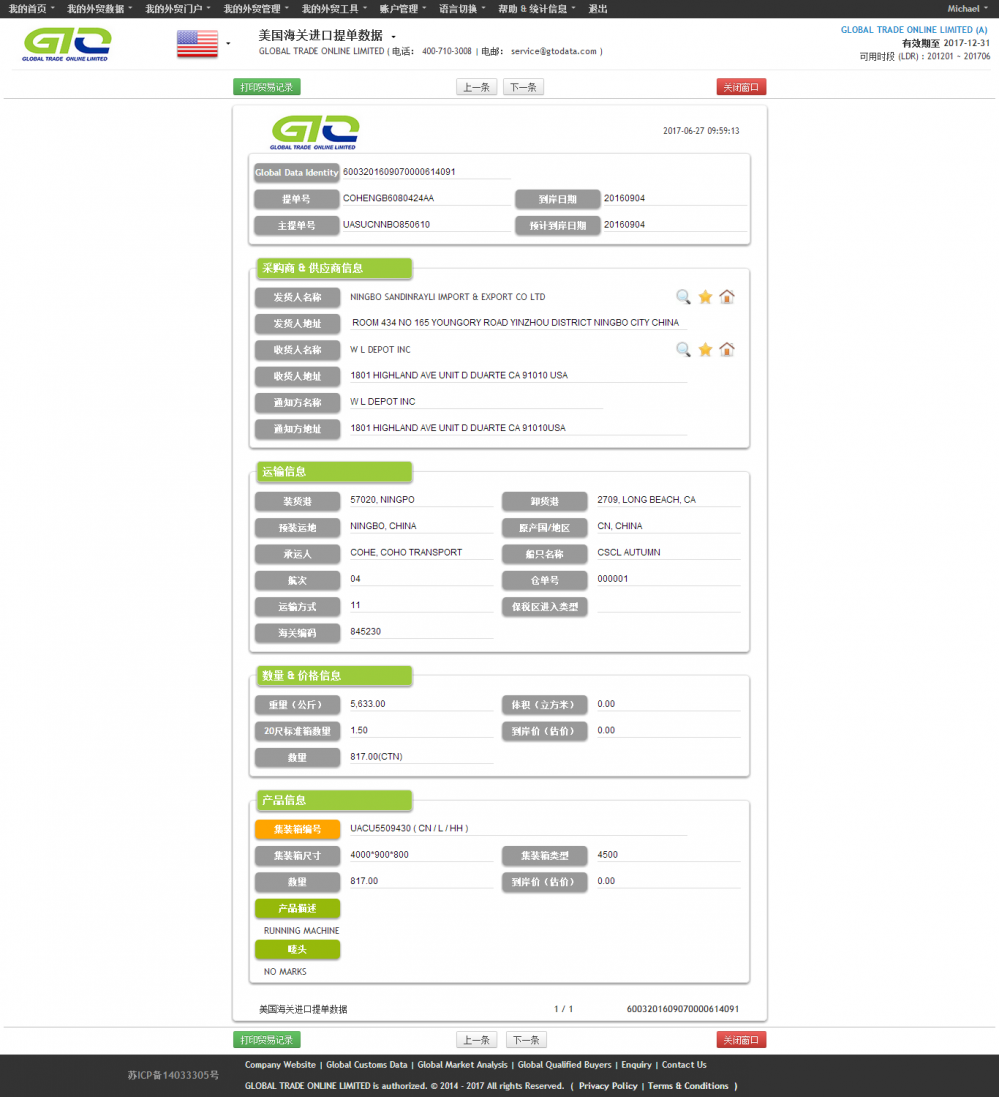 Running Machine-USA Import Data Sample