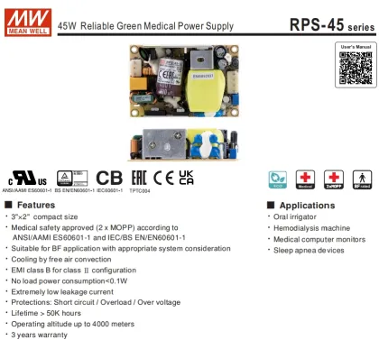 Mean Well RPS-45 Series Open Frame PCB Power Supply - Medical Grade 45W