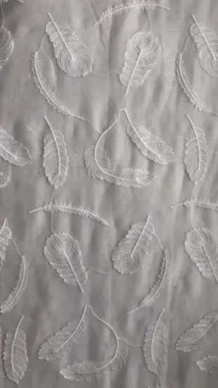 White Feather Design Chiffon Embroider Fabric