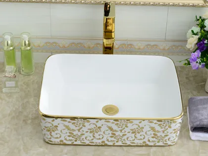 Elegance Flower Design Golden Ceramic Bathroom Sink Bowl