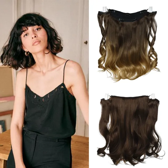 Wholesale 18Inch Natural Ombre Brown Wavy Long 9 Clips Piece Invisible Wire Three Hairpieces Fish Line Synthetic Hair Extensions