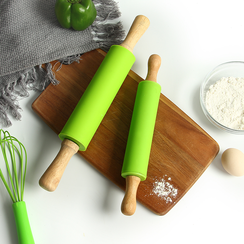 Silicone Rolling Pin with Wooden Handles