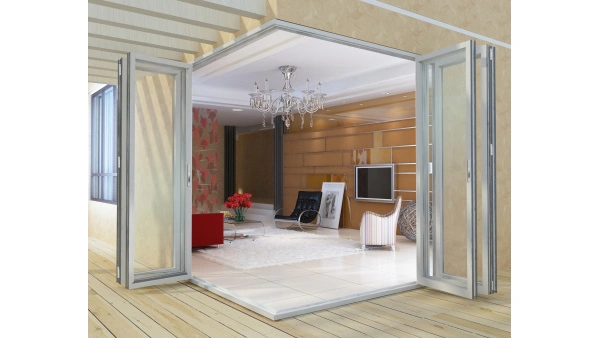Modern aluminium bifold doors open to garden view
