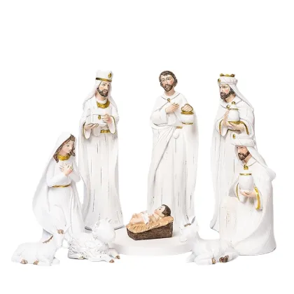 Handcrafted Home Christmas Manger Set: Statue of Jesus, St. Joseph, and Church Decorations in Resin Material