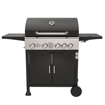 Parrilla profesional de gas propano líquido de 4 quemadores con mesa auxiliar y gabinete de almacenamiento de doble puerta