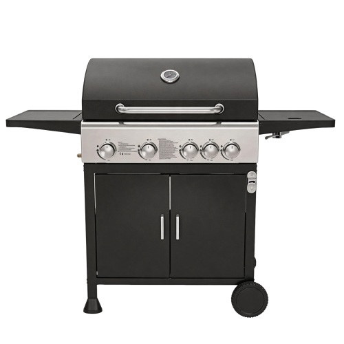 Parrilla profesional de gas propano líquido de 4 quemadores con mesa auxiliar y gabinete de almacenamiento de doble puerta
