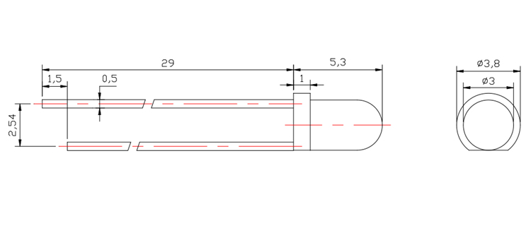 3mm 1310 through-hole LED Size