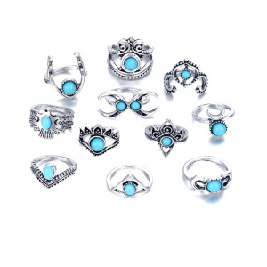 11 pièces Turquoise Ring Set femme doigt joint rétro femme fille Bohème argent joint jeunesse Halloween fête cadeau quotidien