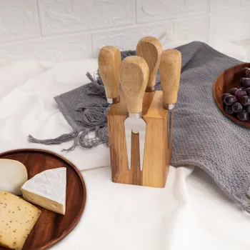 Stainless Steel Cheese Set: Spreader, Slicer, Shaver, and Fork with Wood HandleKnife Block