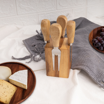 Stainless Steel Cheese Set: Spreader, Slicer, Shaver, and Fork with Wood HandleKnife Block