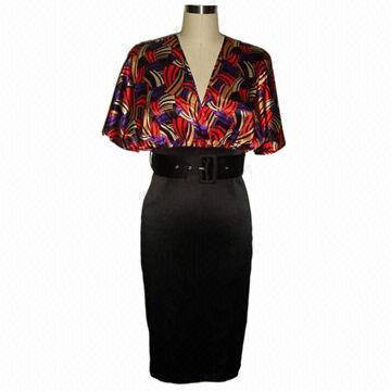 Ladies' fashionable dress with belt, printed upper part, upper side satin and down side TR