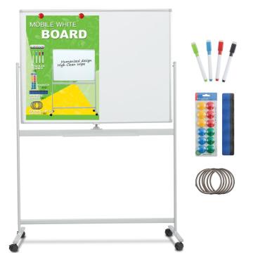 Double sides magnetic mobile whiteboard with standing wheel
